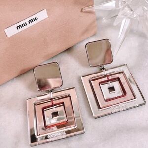 Miu Miu Rare Mirrored Geometric Square Dangled Clip-On Earrings